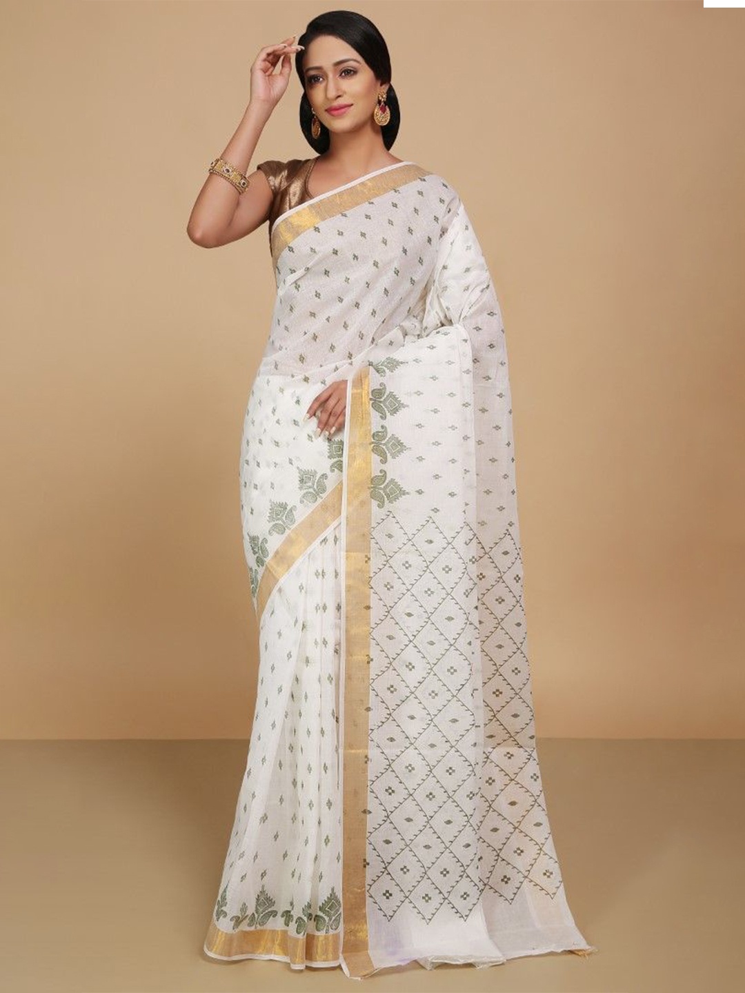 

BENGAL HANDLOOM Zari Pure Cotton Taant Saree, White