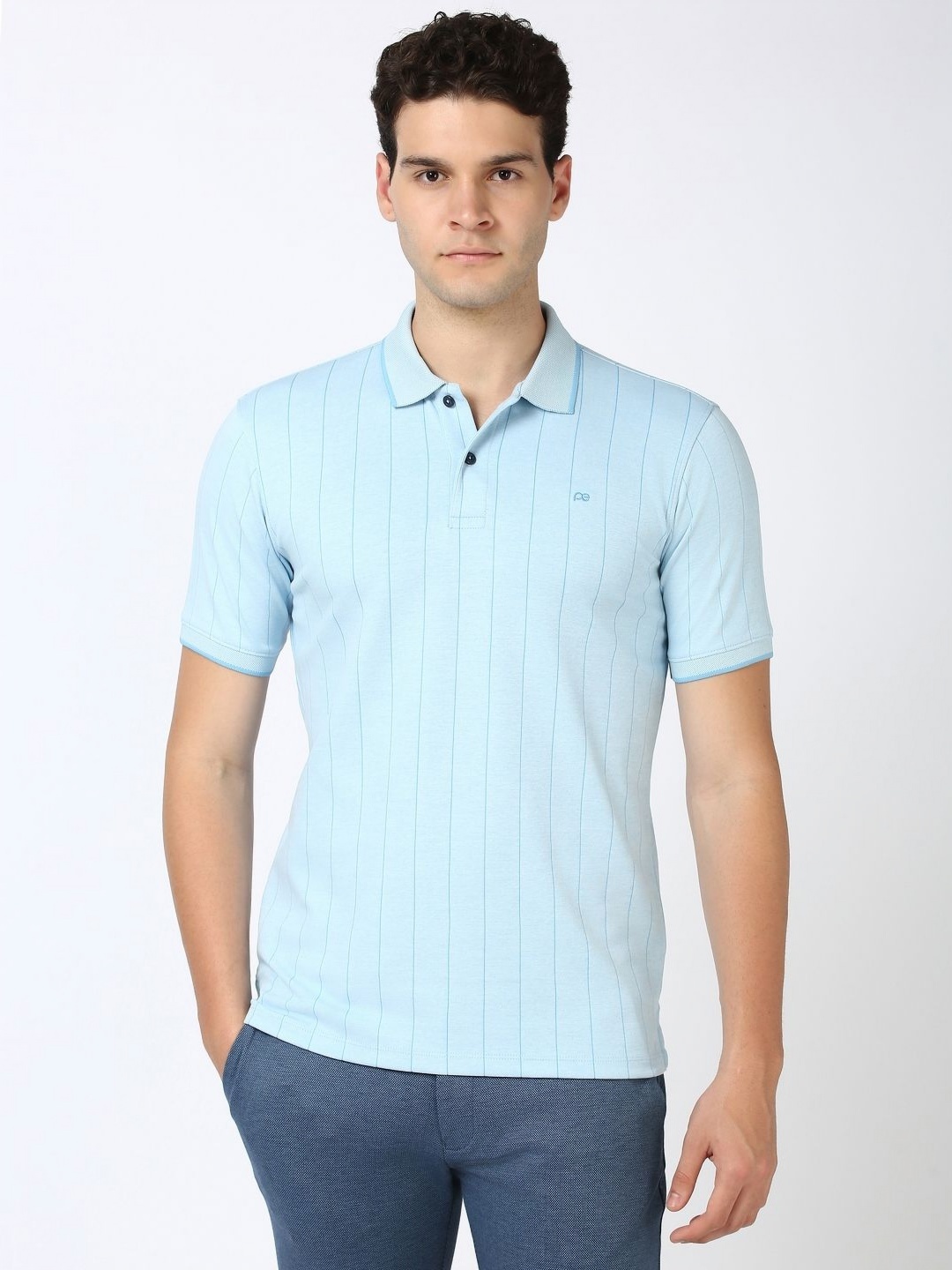 

Peter England Men Striped Polo Collar Cotton T-shirt, Blue