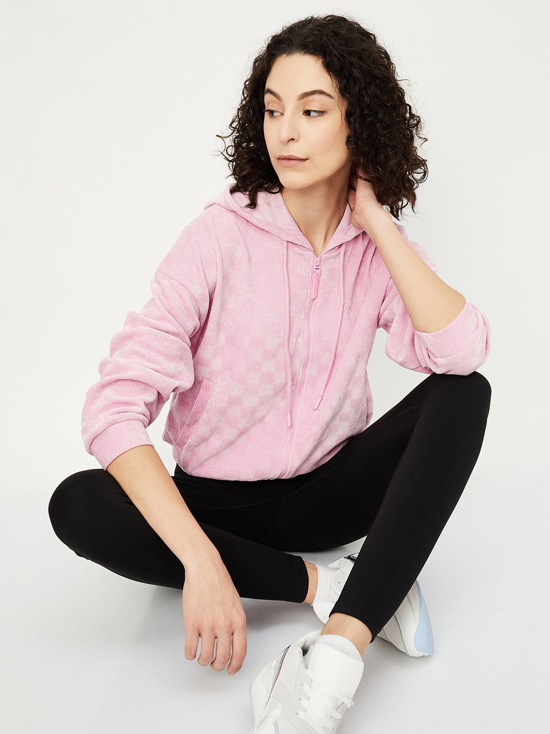 

max Women Solid Front Open Hooded Sweatshirt, Pink