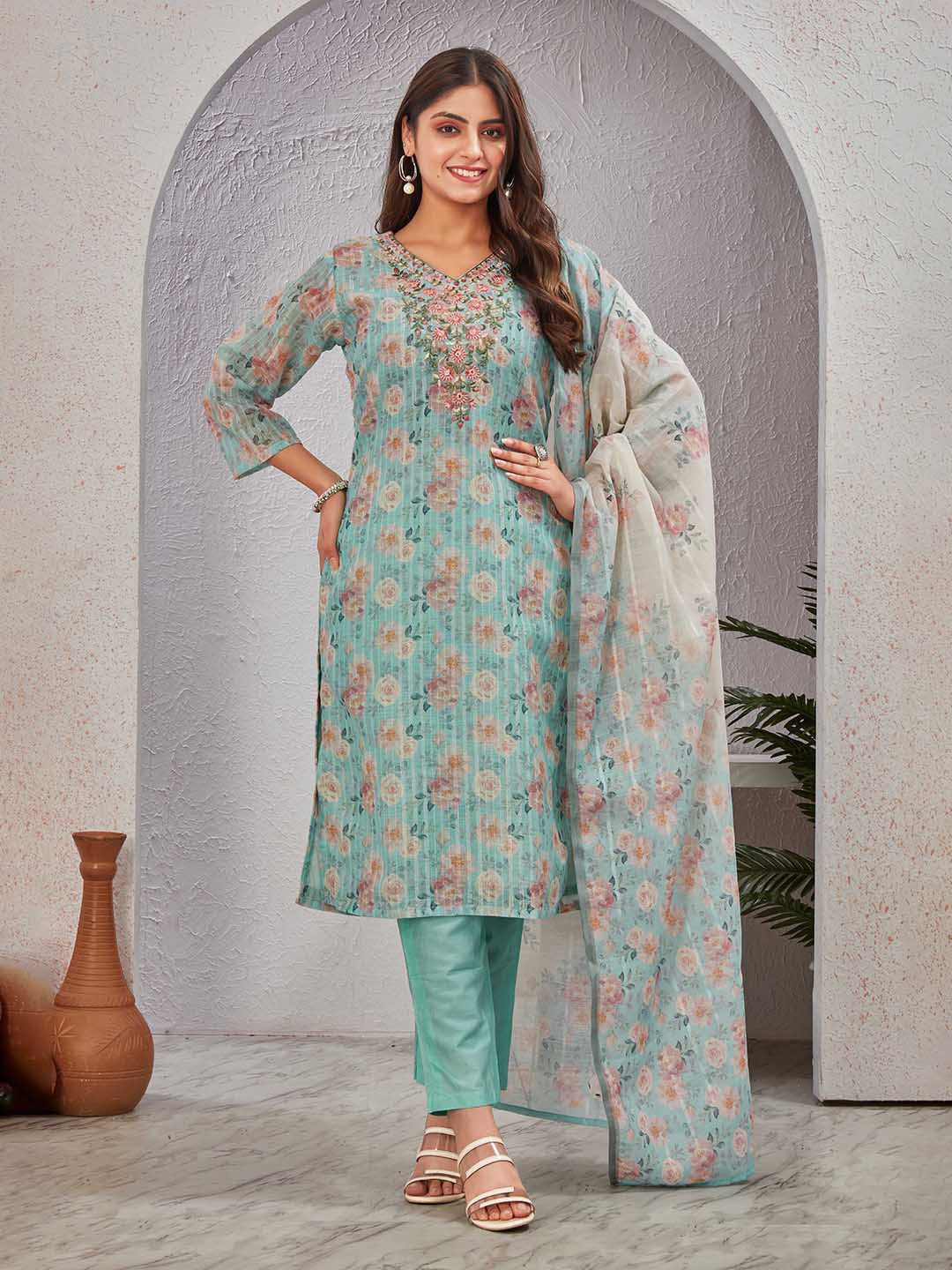 

TWINS LADY Floral Printed V-Neck Thread Work Chanderi Silk Kurta & Trouser & Dupatta, Sea green