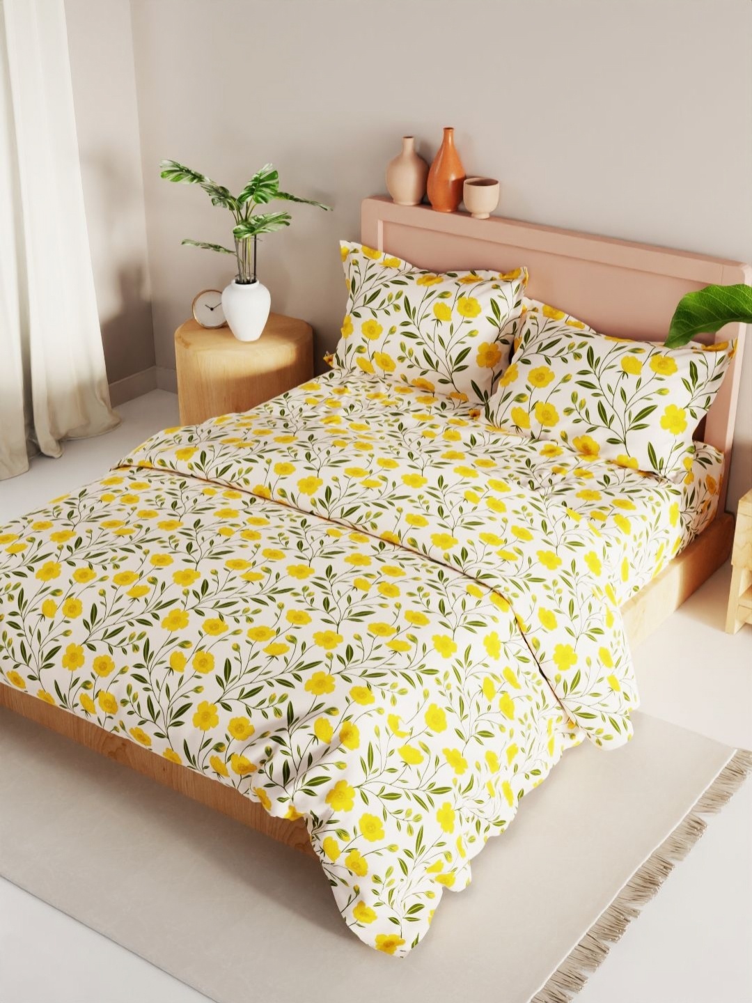 

KOPA Green & White 4 Pieces Microfiber Floral Printed Double King Regular Bedding Set