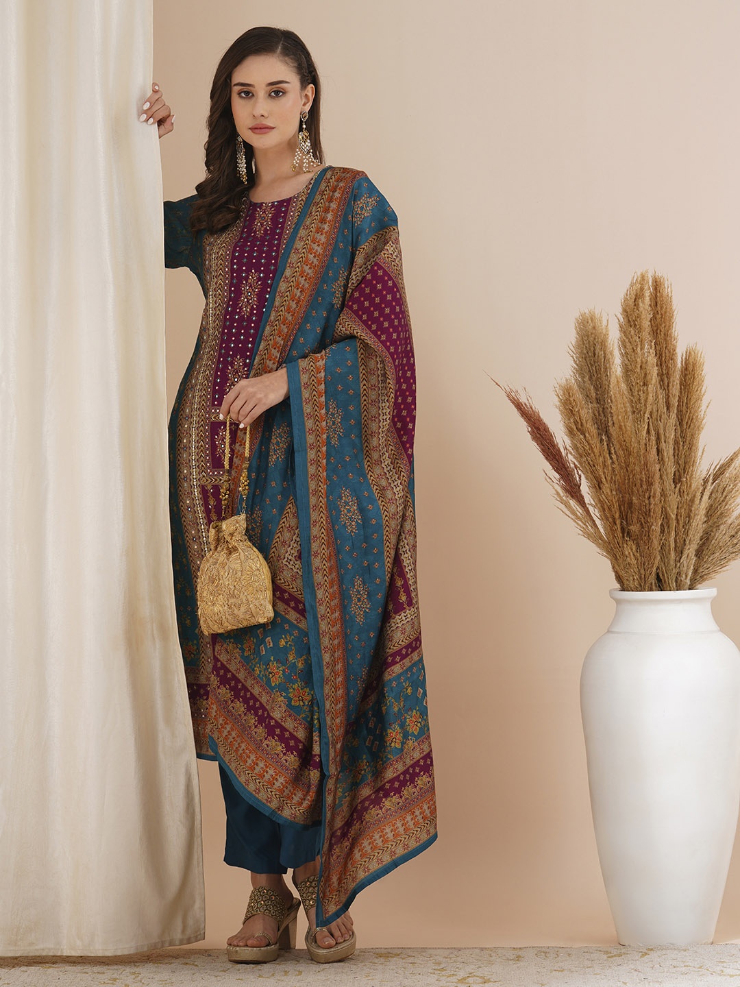 

FASHOR Ethnic Motifs Printed Beads and Stones Straight Kurta With Trouser & Dupatta, Teal