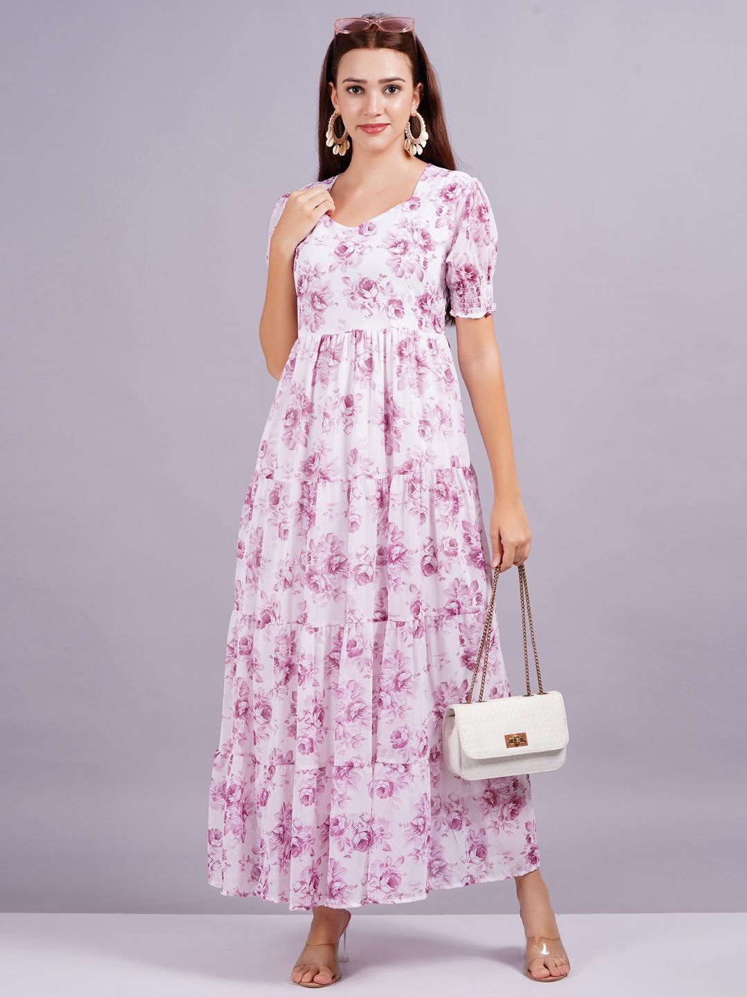 

KALINI Floral Printed Tiered Georgette Maxi Dress, Pink