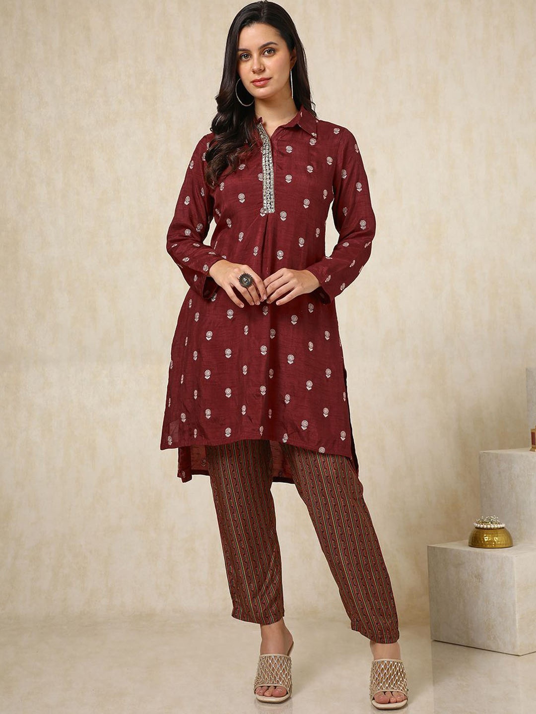 

Soch Embroidered Shirt Collar Top With Trousers, Maroon