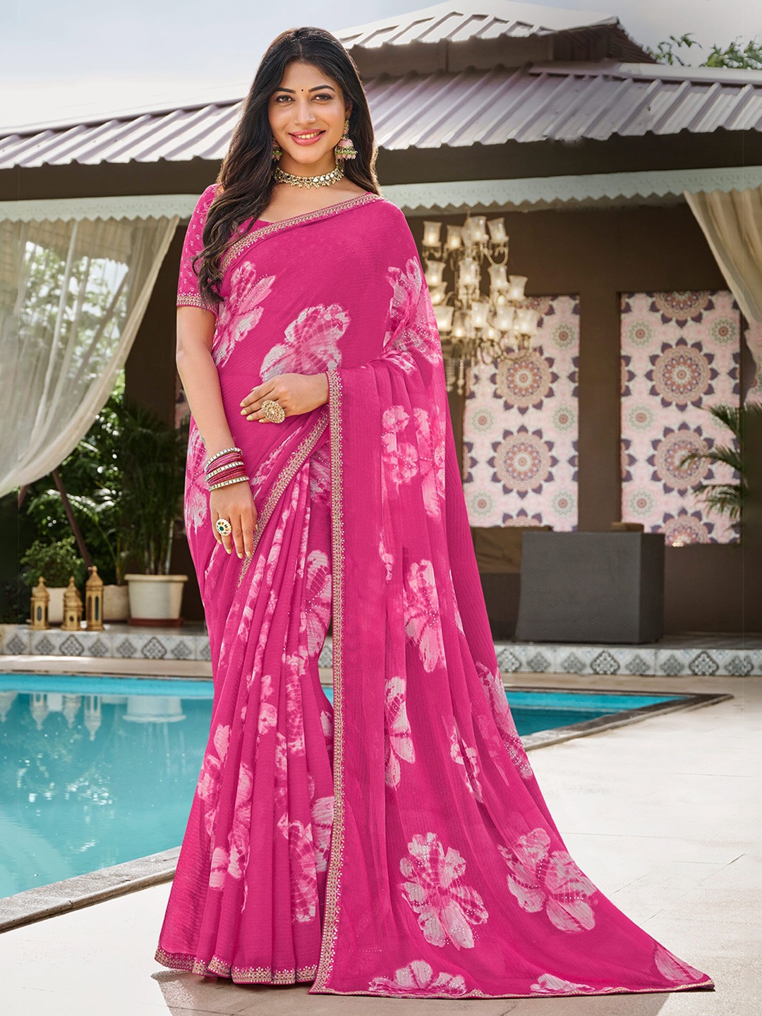 

Laxmipati Floral Printed Embroidered Saree, Pink