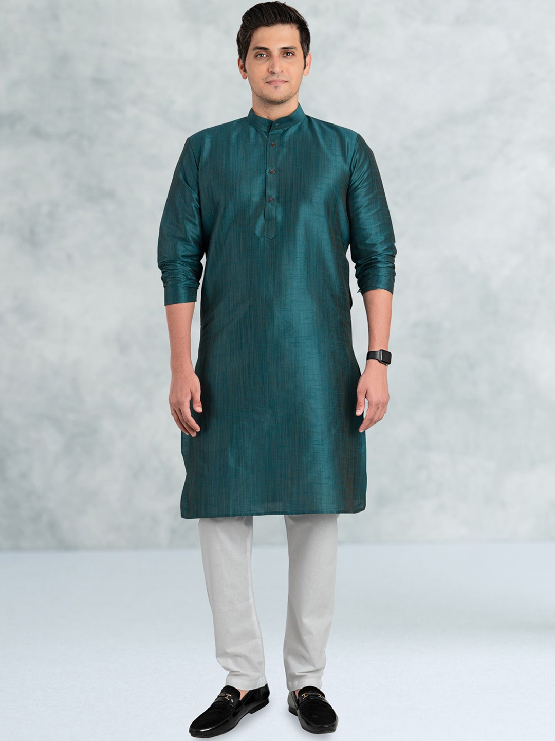

ENCINO Band Collar Cotton-Silk Straight Kurta, Green