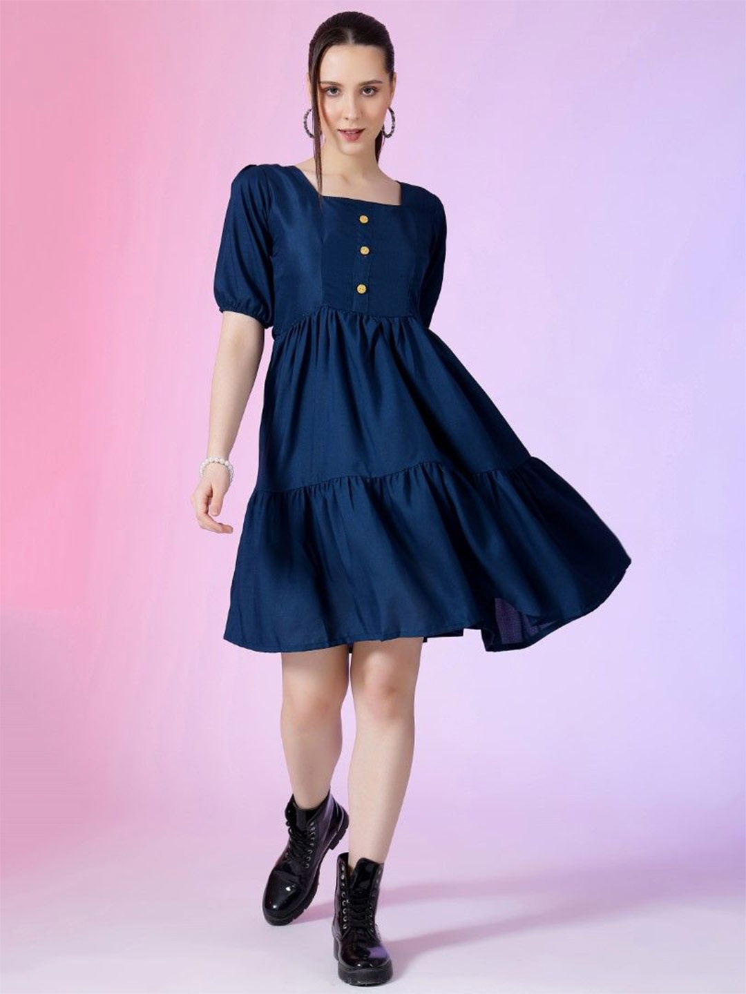 

Krunal Raiyani Women Puff Sleeve Fit & Flare Dress, Blue