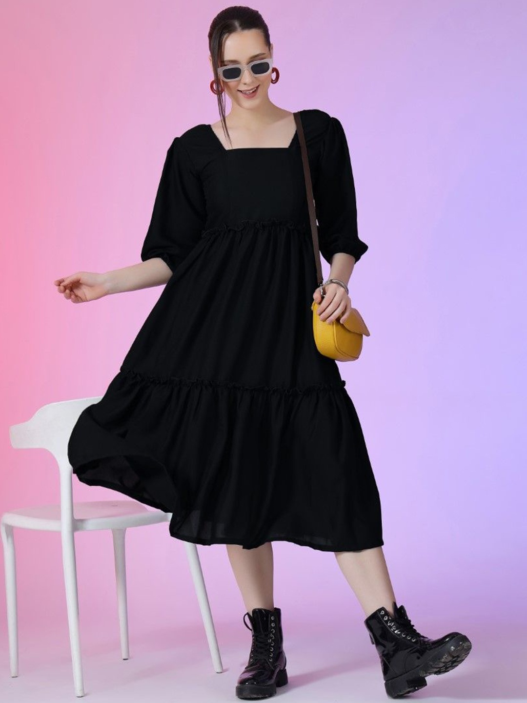 

Femvy Women Square Neck Puff Sleeve Ruffles Fit & Flare Dress, Black