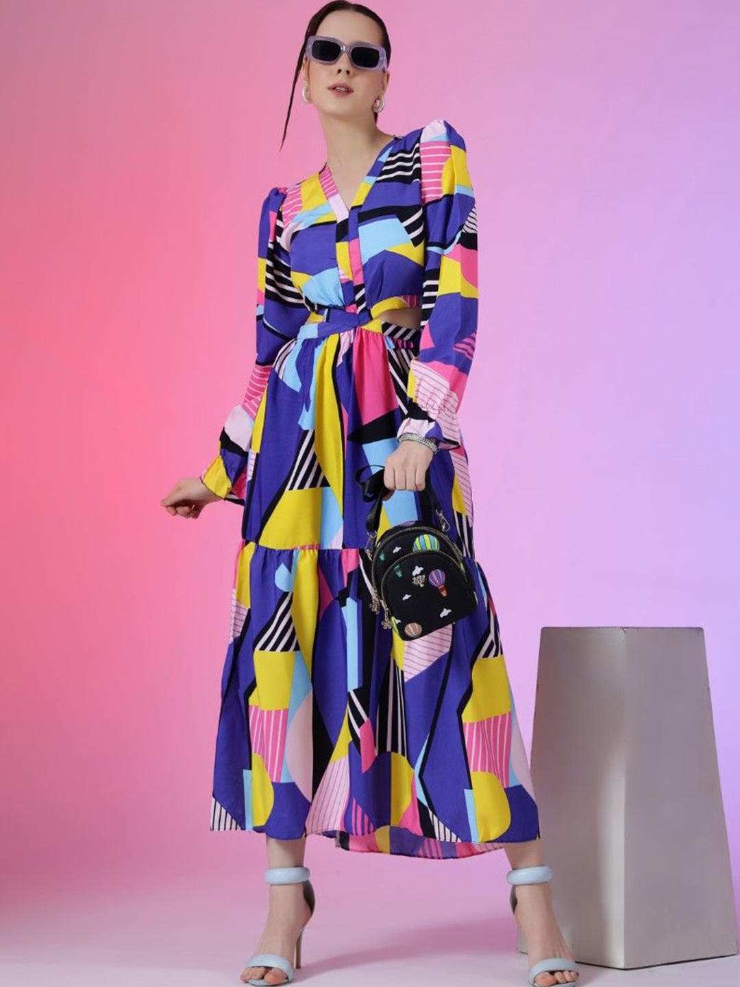 

Krunal Raiyani Women Printed V-Neck Cuffed Sleeves Fit & Flare Maxi Dress, Multi