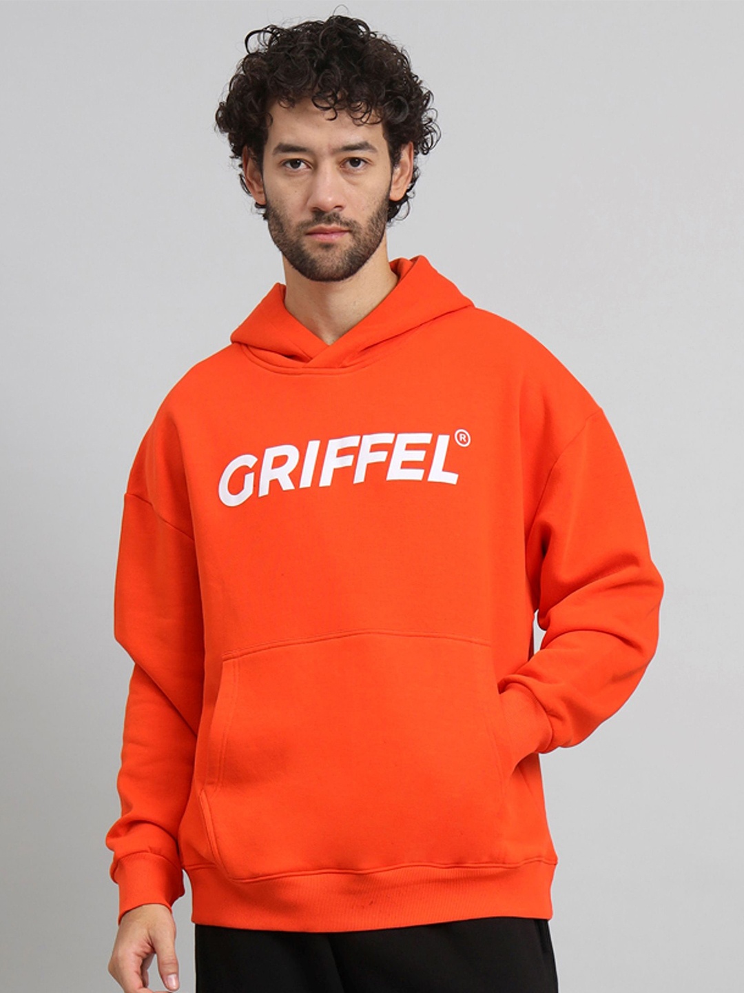 

GRIFFEL Men Typography Printed Hood Fleece Pullover Sweatshirt, Orange