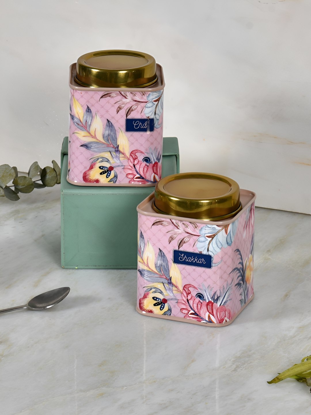 

Living With Elan Gingham & Blooms Pink 2 Pieces Floral Printed Airtight Canister Container