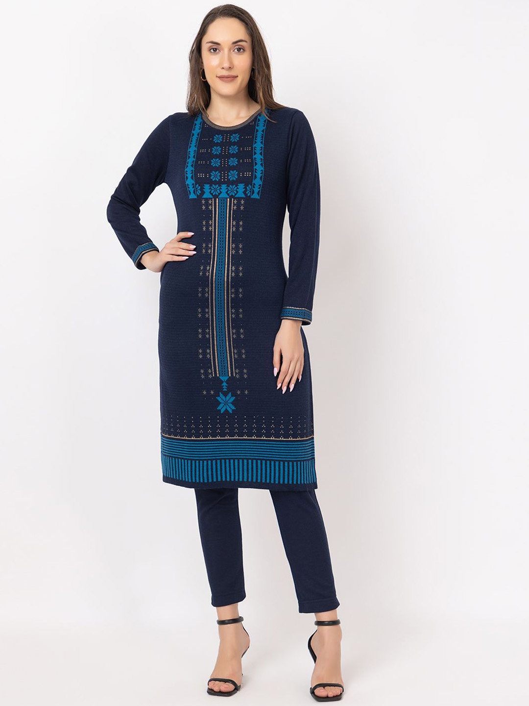 

KEIKO Geometric Woven Design Acrylic Kurta, Navy blue