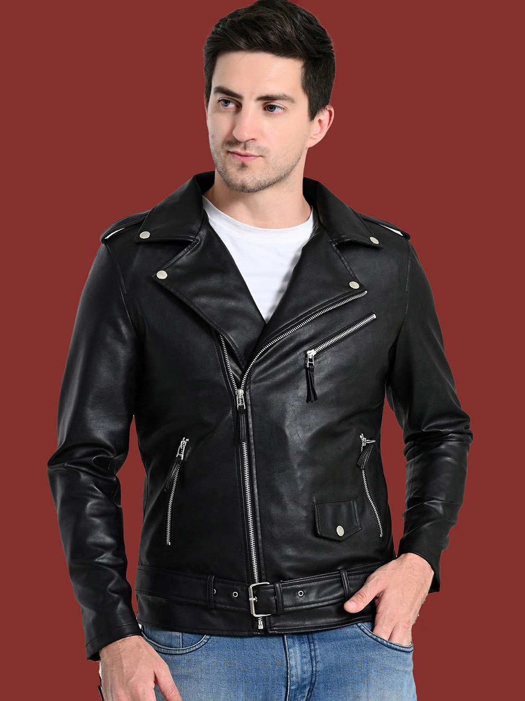 

TBOJ Lapel Collar Lightweight Anti Odour Leather Biker Jacket, Black