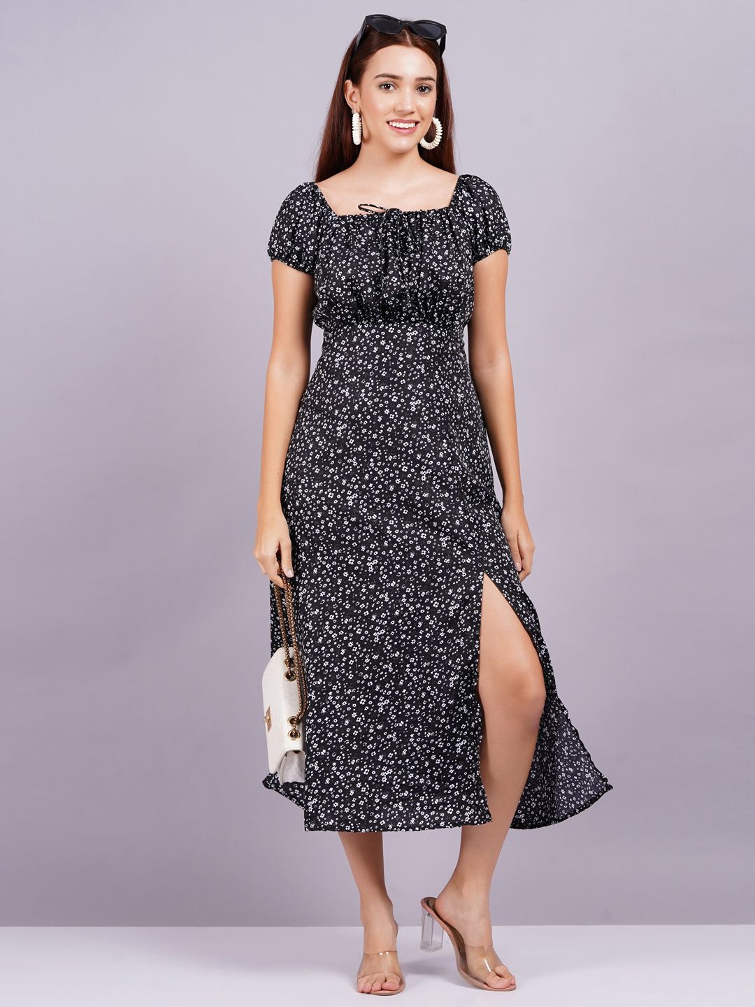 

KALINI Floral Print Off-Shoulder Crepe Fit & Flare Midi Dress, Black