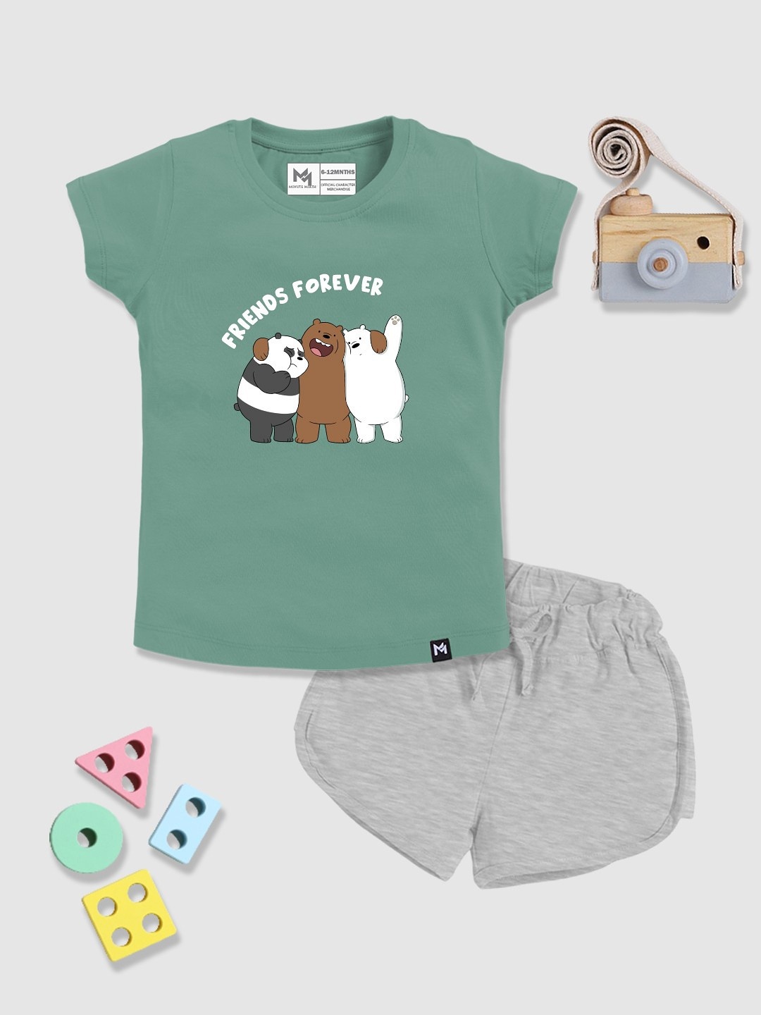 

YK X Minute Mirth Infant Girls We Bare Bears Printed Pure Cotton T-shirt & Shorts, Green