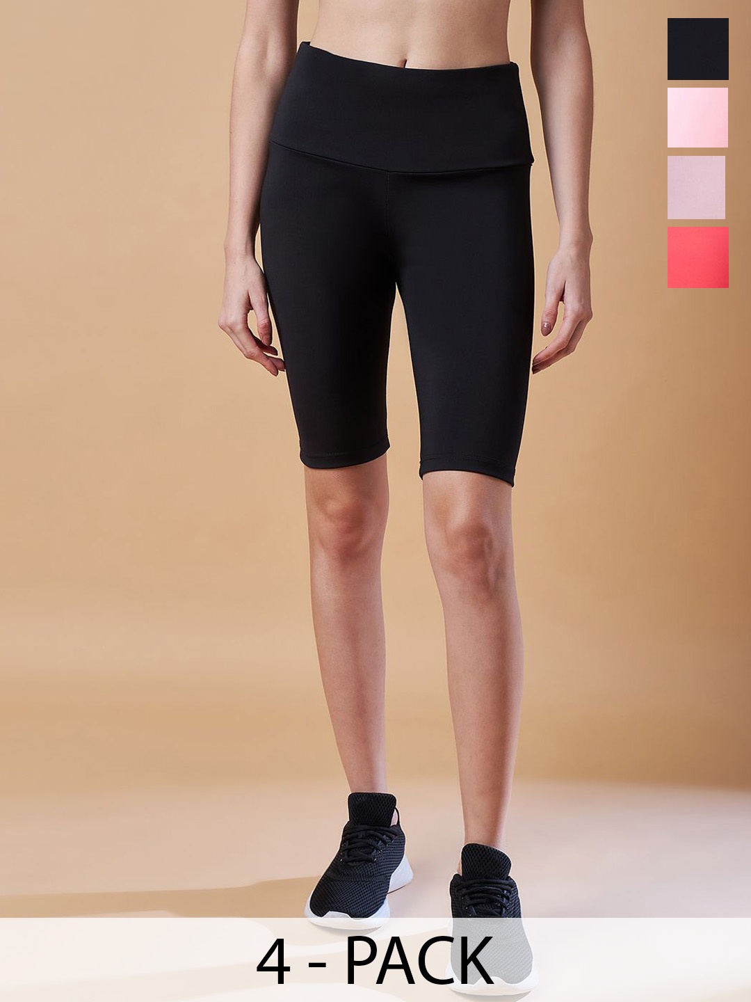 

COLOR CAPITAL Women Pack of 4 Above Knee Length Gym Tights, Black