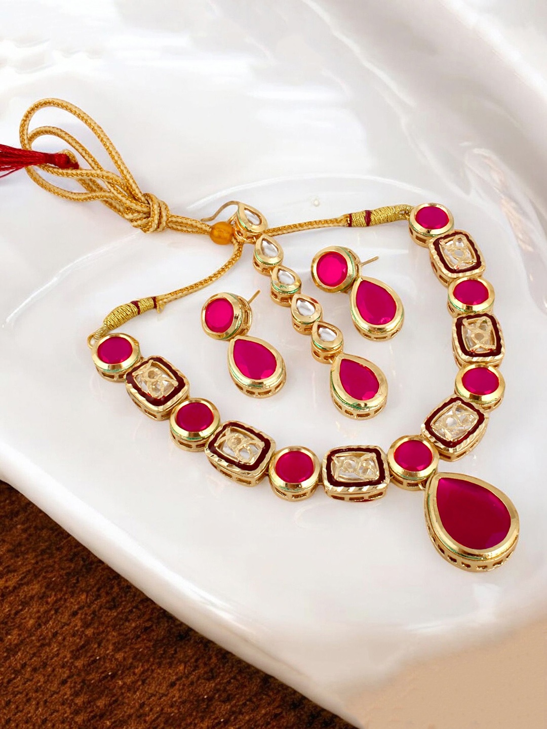 

LUCKY JEWELLERY 18kT Gold Plated Kundan Studded Meenakari Jewellery Set