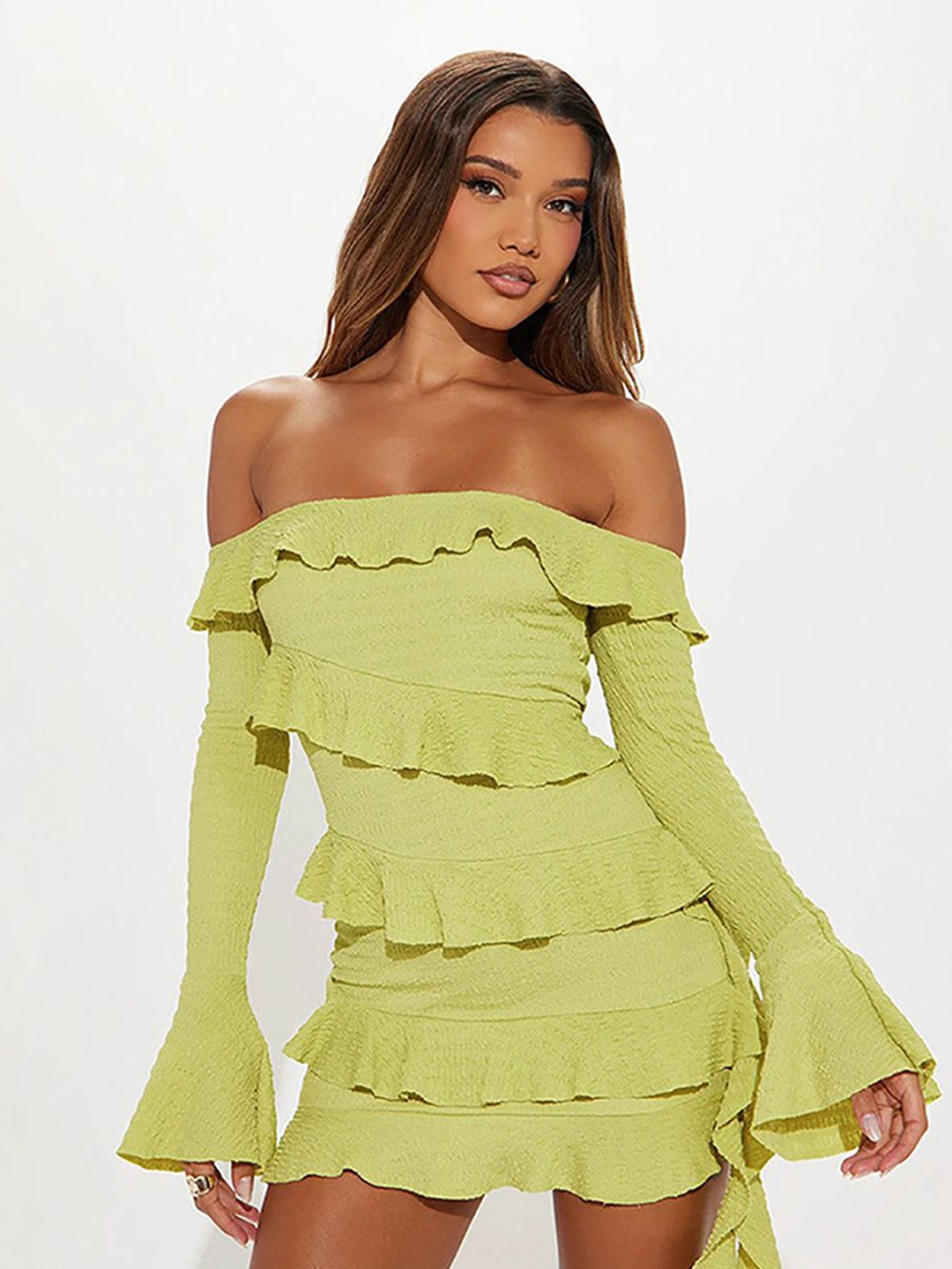 

StyleCast x Revolte Off-Shoulder Ruffled Bodycon Mini Dress, Green