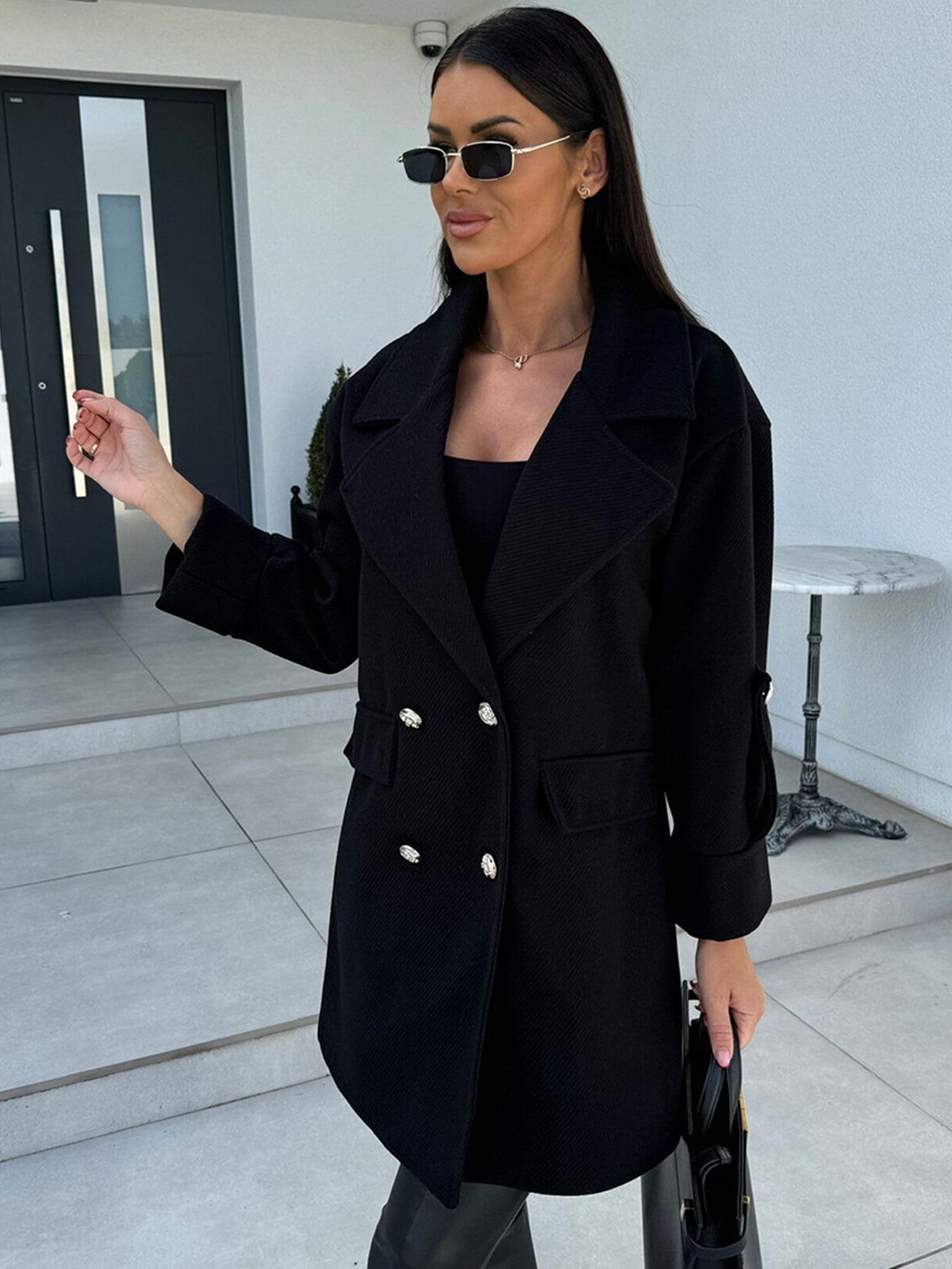 

StyleCast x Revolte Women Solid Notched Lapel Double Breasted Overcoat, Black