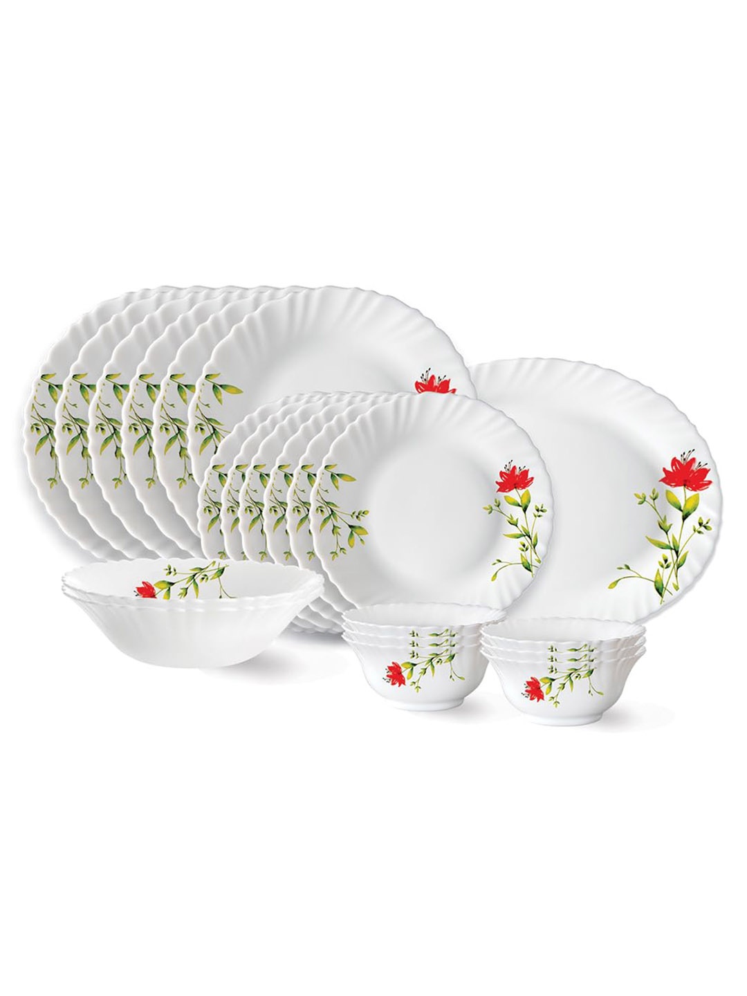 

Larah by BOROSIL 21 Pcs White & Red Printed Opalware Dinner set