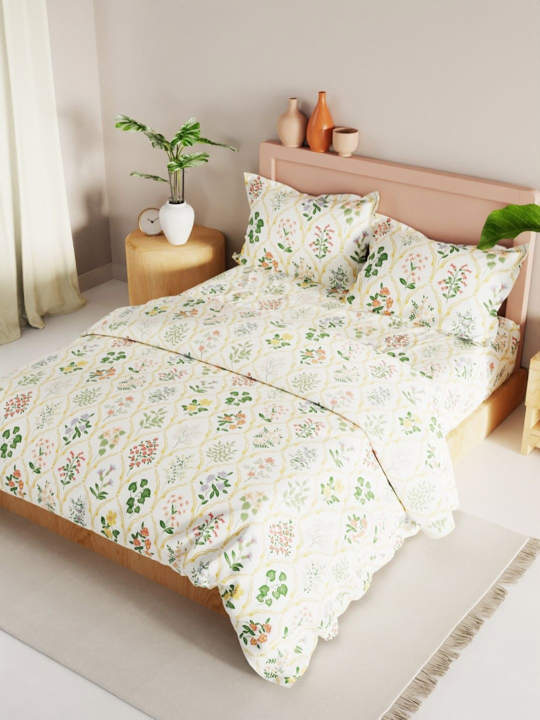 

KOPA White & Green 4 Pieces Floral Printed Microfiber Double King Regular Bedding Set