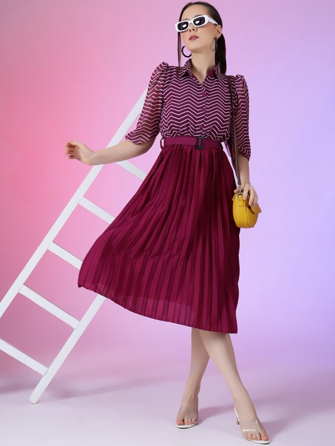 

Raiyani Enterprise Georgette Printed Striped Fit and Flare Dresses Comes with a belt, Magenta