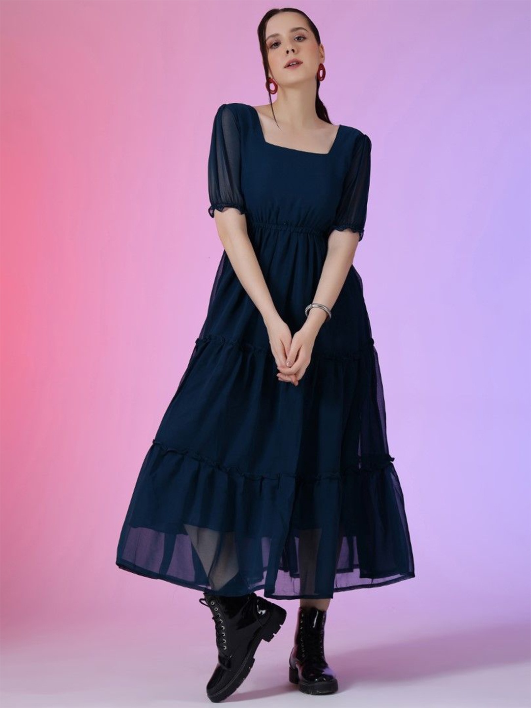

Femvy Puff Sleeve Applique Georgette Fit & Flare Maxi Dress, Blue