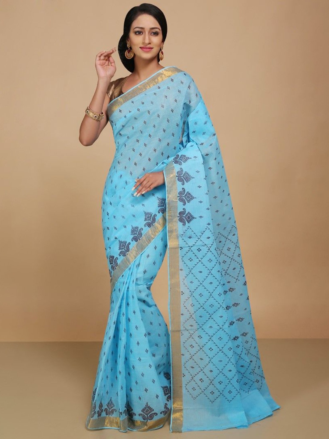 

BENGAL HANDLOOM Women Pure Cotton Taant Saree, Turquoise blue