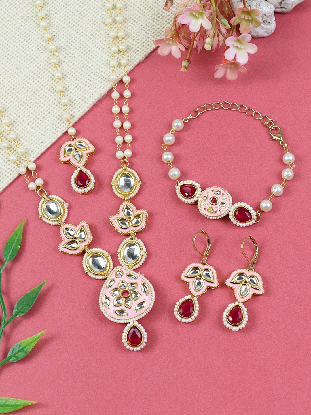 

Asthetika Kids Girls Kundan Stone Studded & Beaded Necklace & Earrings Maang Tika Bracelet, Pink