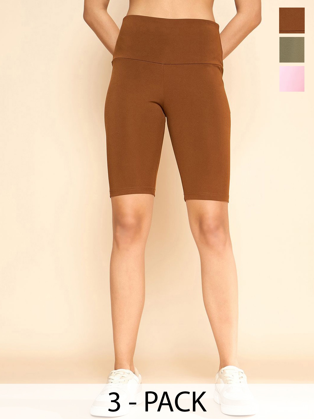 

COLOR CAPITAL Women Pack Of 3 High Rise Above Knee Cycling Tights, Brown