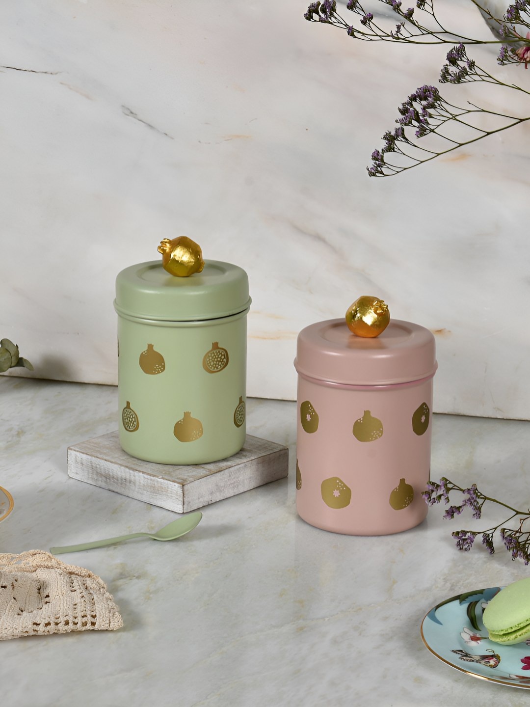 

Living With Elan Green & Nude Printed Stainless Steel Leak Proof Canister Container