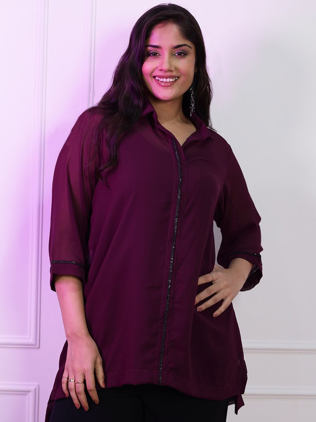 

LetsDressUp Women Solid Shirt Collar Top, Burgundy