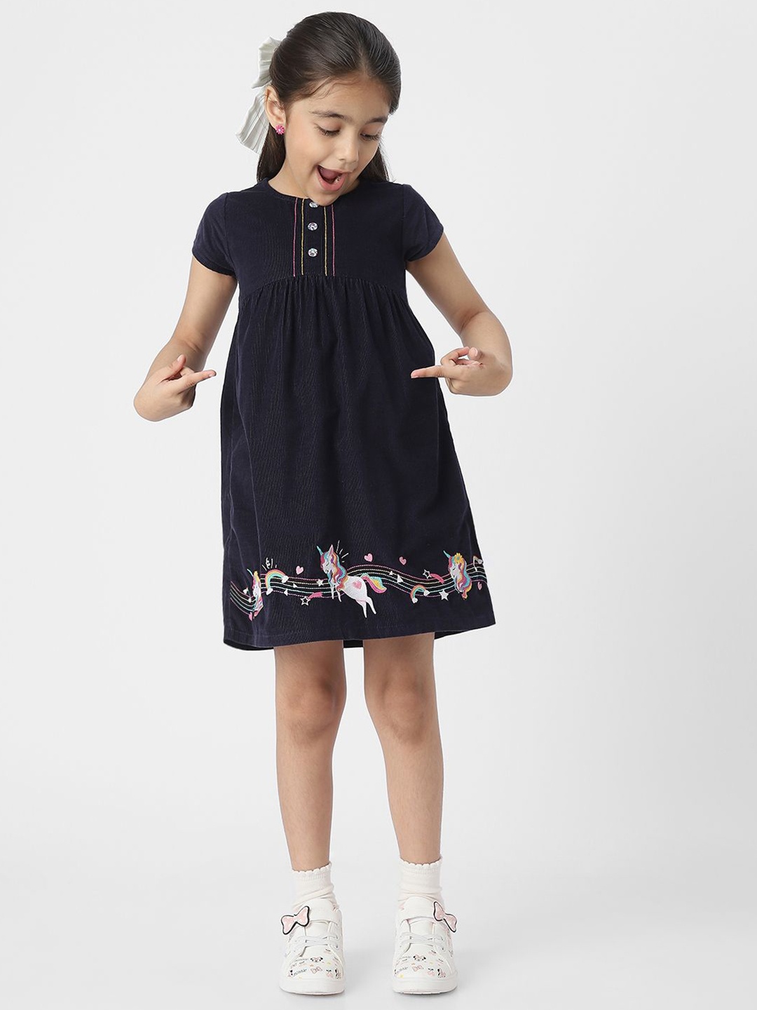 

Nautinati Girls' Unicorn Embroidered Corduroy Dress, Navy blue