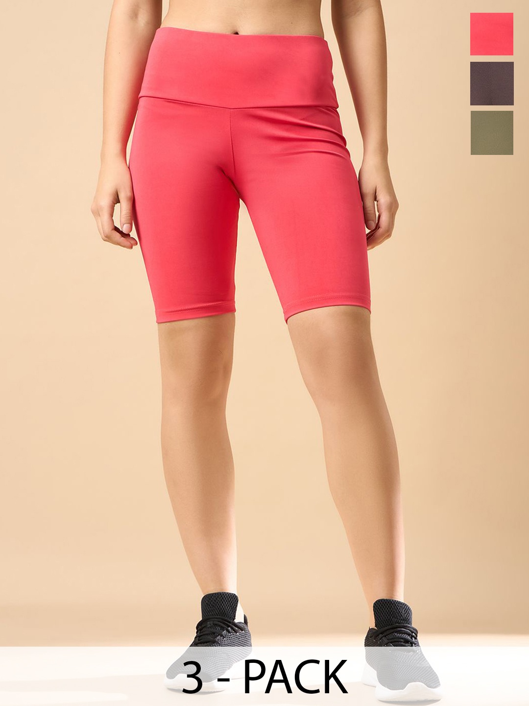 

COLOR CAPITAL Pack Of 3 Women Antimicrobial Above Knee Gym Tights, Red