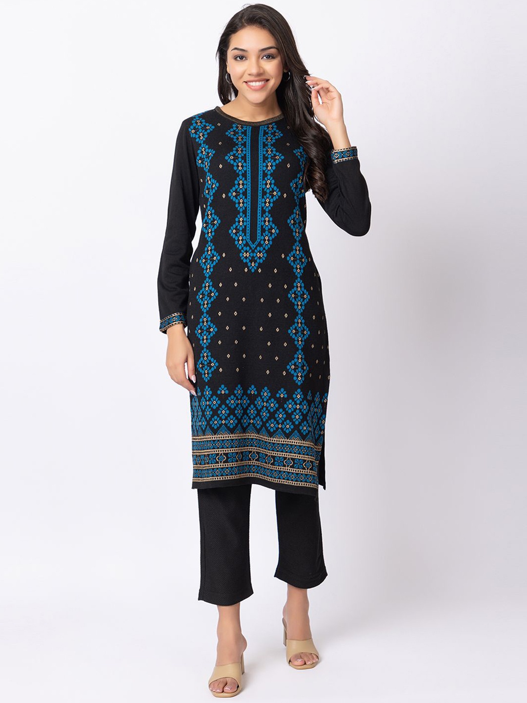 

KEIKO Ethnic Motifs Woven Design Jacquard Knitted Weave Acrylic Straight Kurta, Black