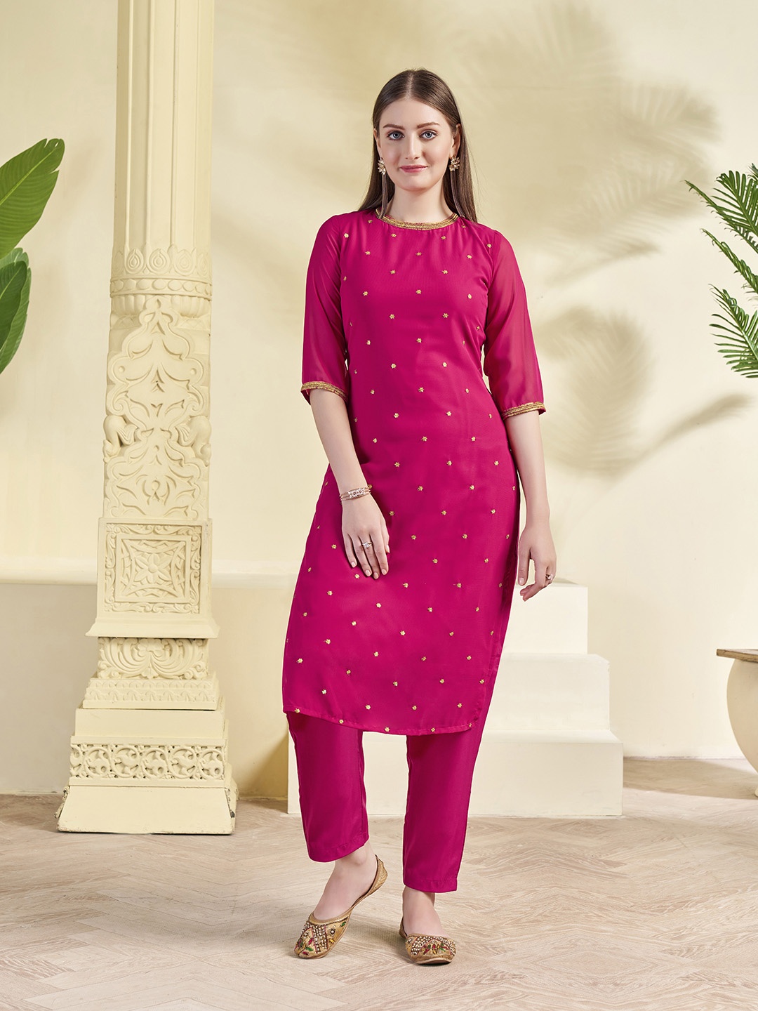 

KALINI Floral Embroidered Straight Kurta With Trousers, Magenta