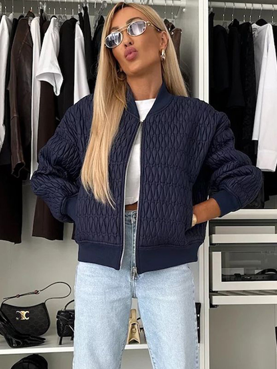 

StyleCast x Revolte Women Stand Collar Solid Casual Padded Jacket, Navy blue