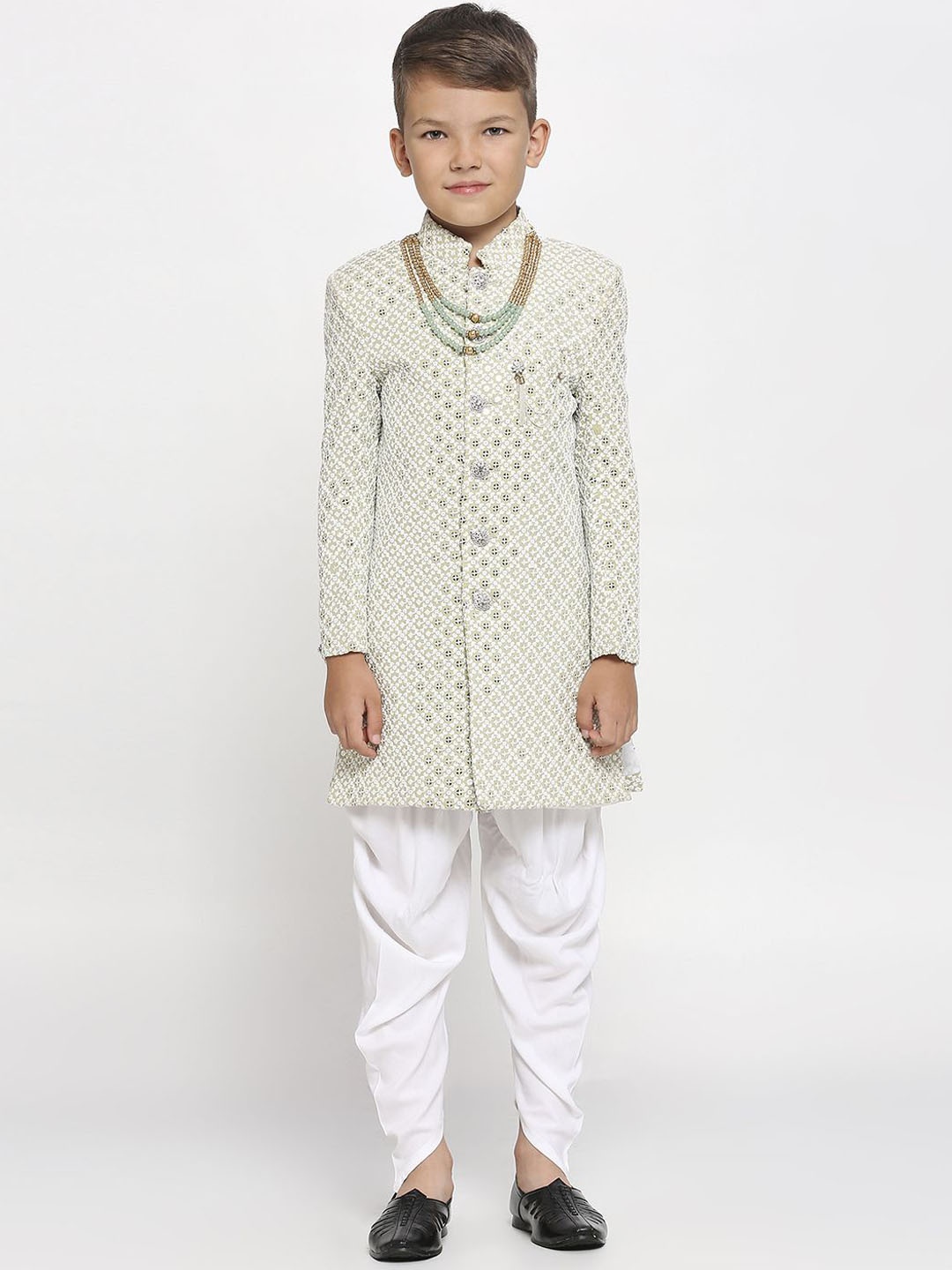 

Sangria Kids-Boys Embroidered Pure Cotton Satin Sherwani Set, Green