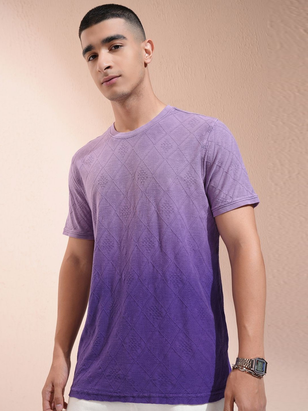 

HIGHLANDER Men Self Design Round Neck Cotton T-shirt, Purple