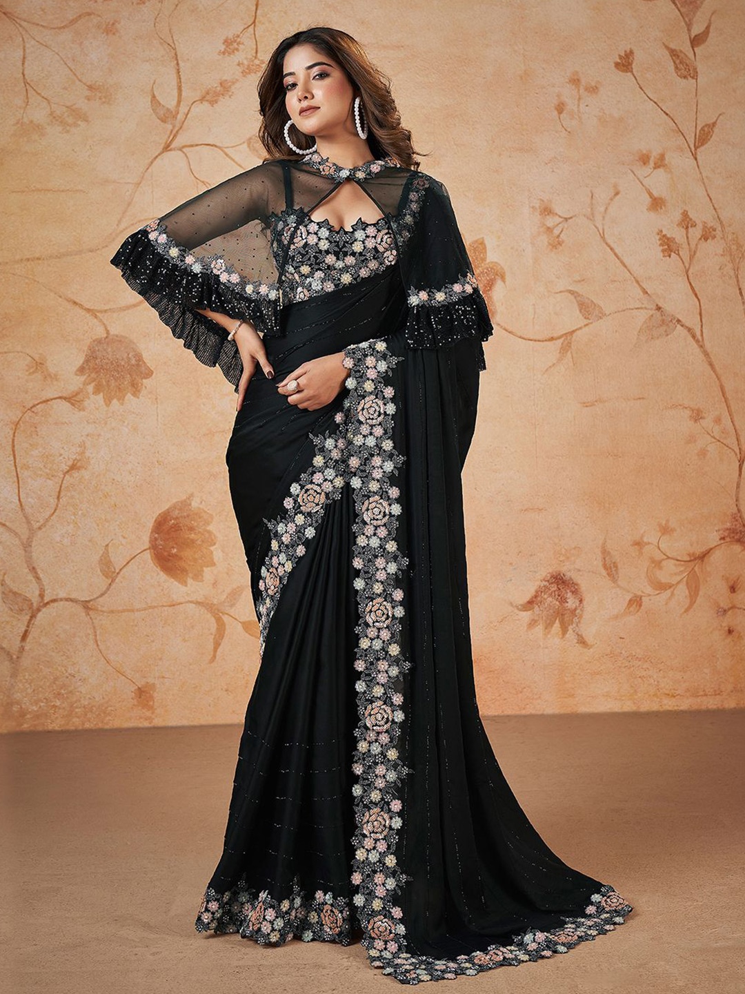 

Trendmalls Striped Beads and Stones Satin Heavy Work Saree, Black