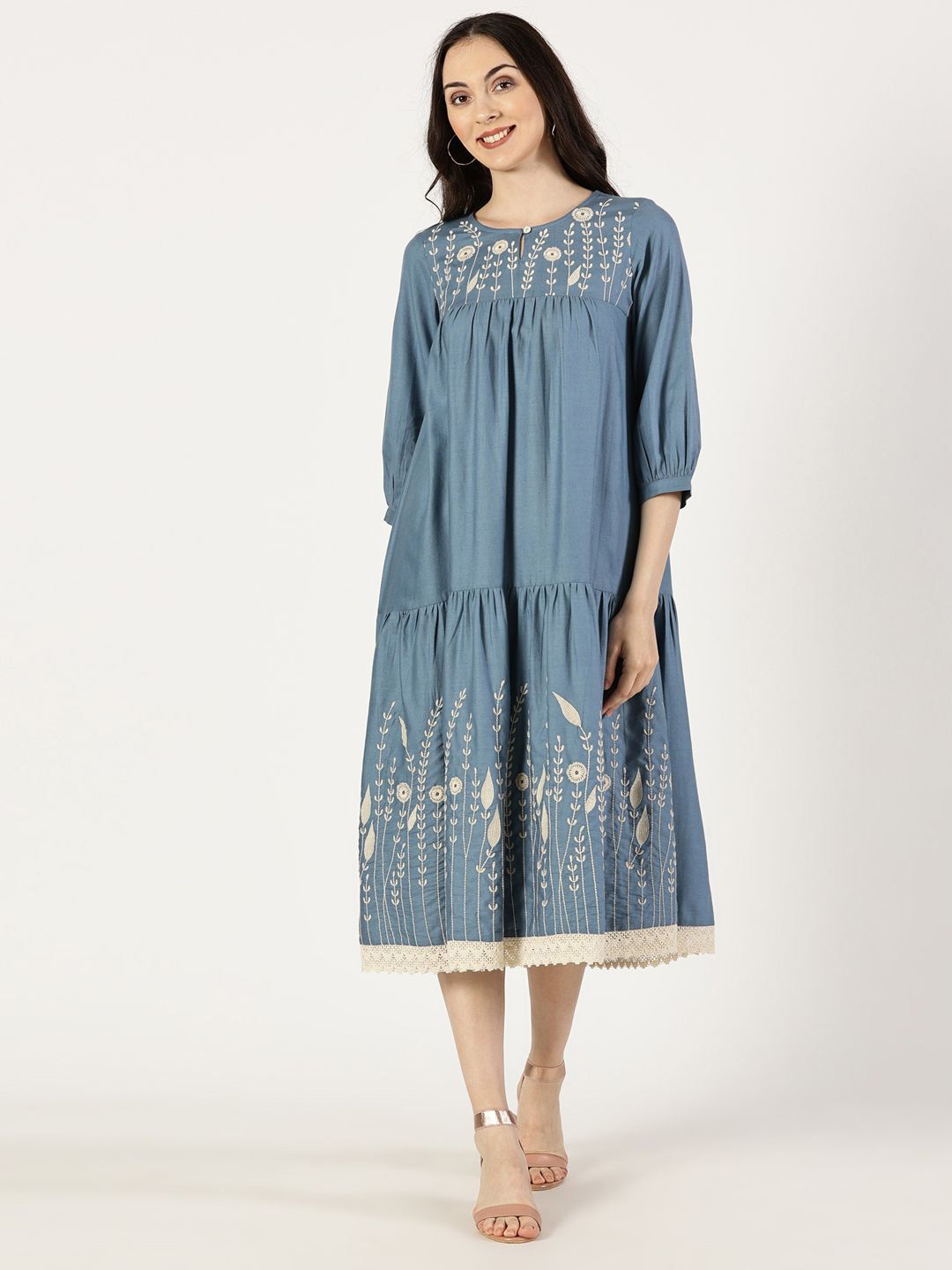 

Saffron Threads Women Floral Embroidered Keyhole Neck Bishop Sleeve A-Line Midi Dress, Blue