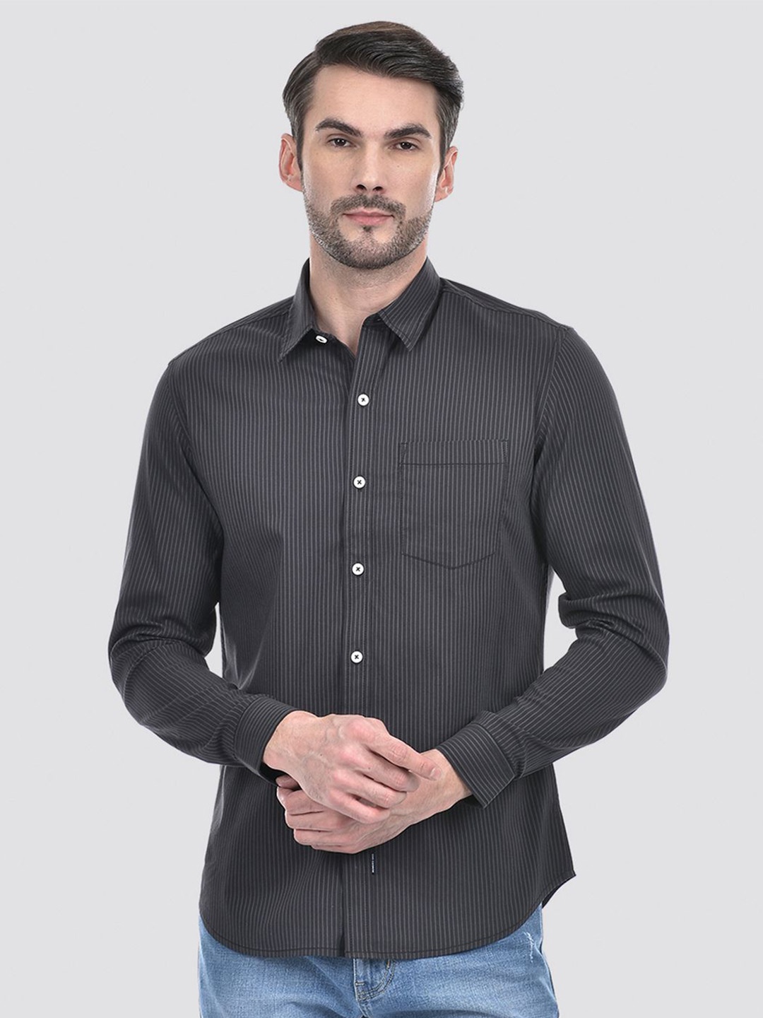 

Numero Uno Men Spread Collar Vertical Striped Cotton Slim Fit Casual Shirt, Black