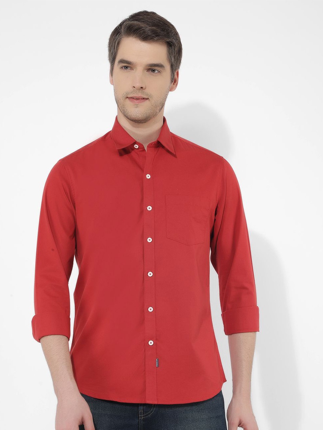 

Numero Uno Men Spread Collar Solid Cotton Slim Fit Casual Shirt, Red
