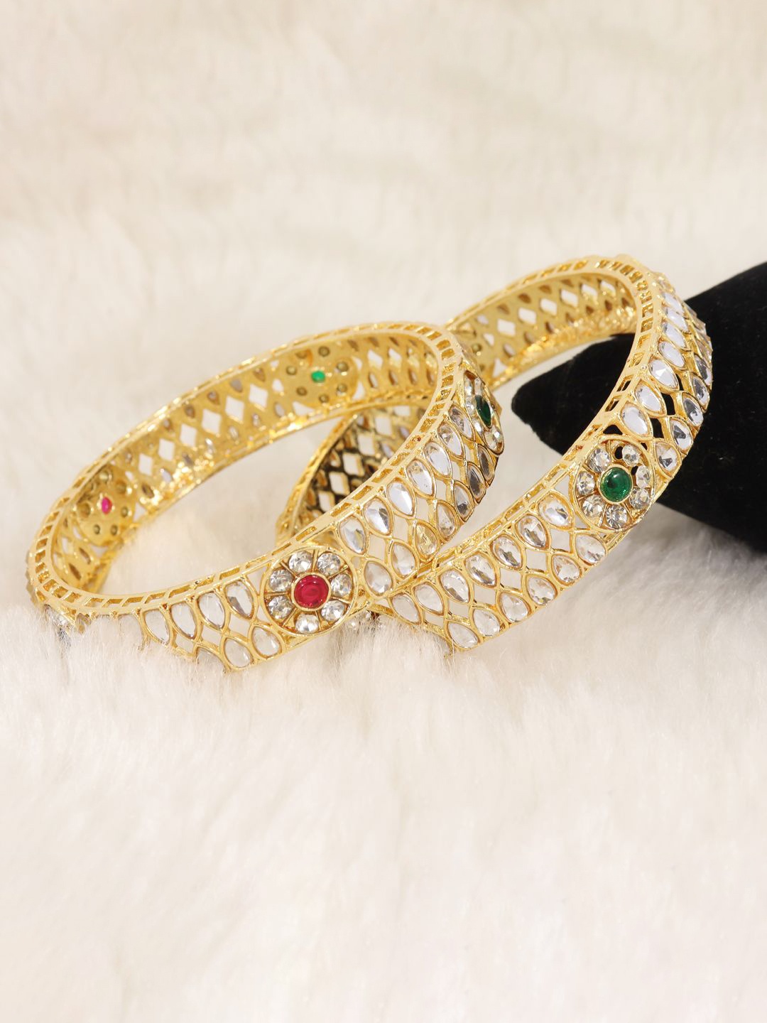 

ZULKA Set Of 2 Gold Plated American Diamond & Kundan -Studded Bangles