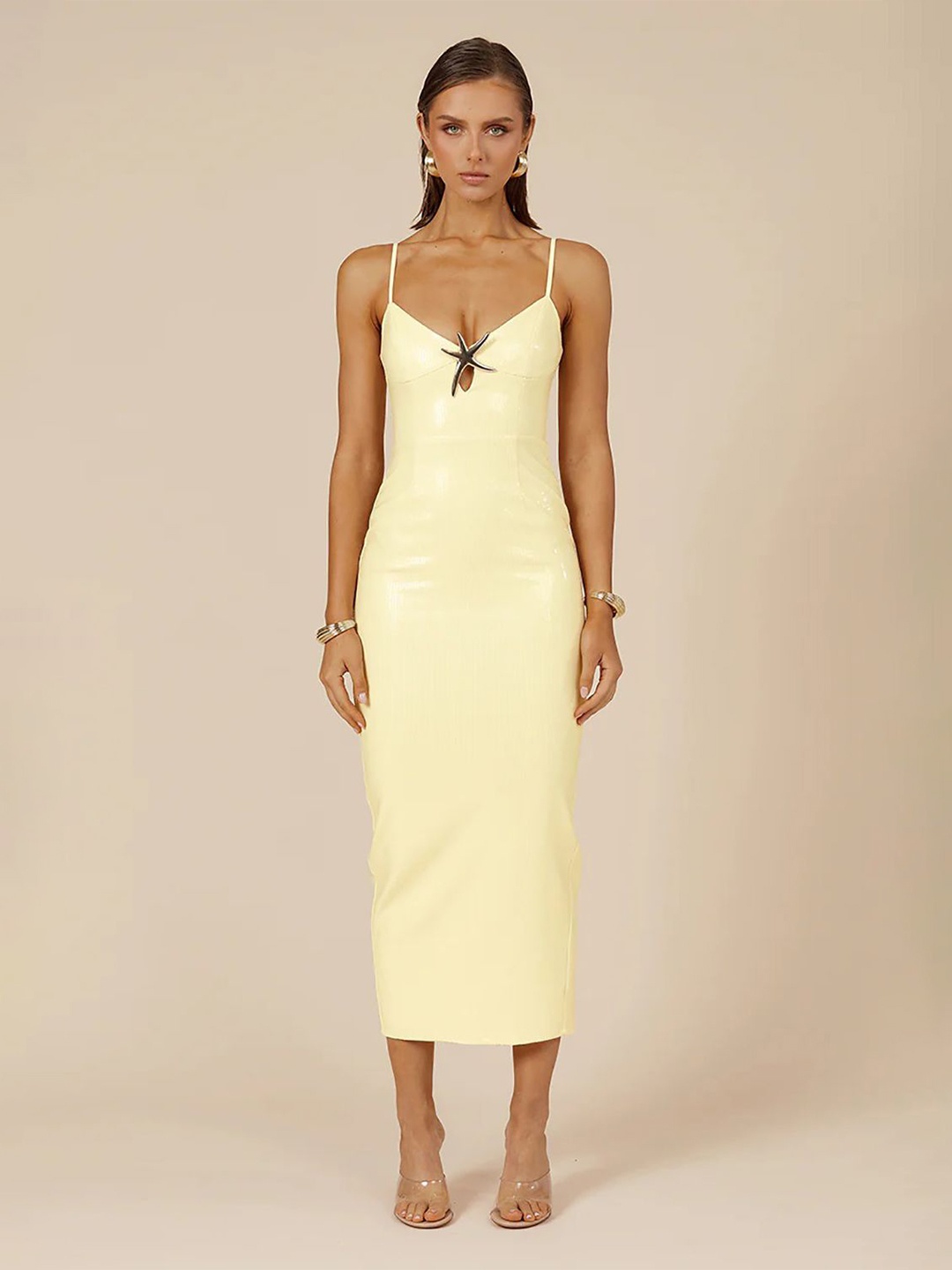 

StyleCast x Revolte Shoulder Straps Bodycon Midi Dress, Beige