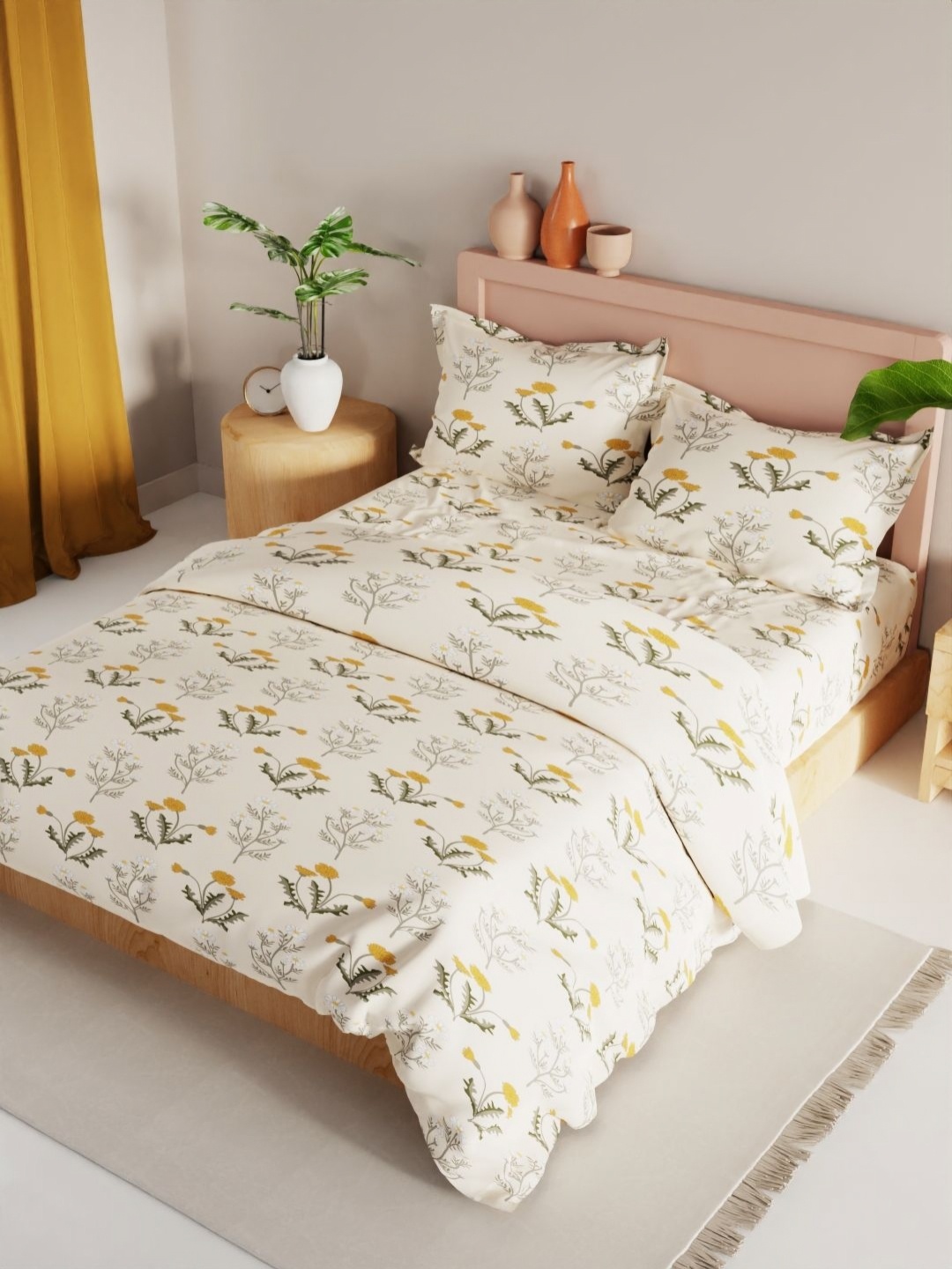 

KOPA Beige & Mustard 4 Pieces Floral Printed Microfiber Double Queen Regular Bedding Set