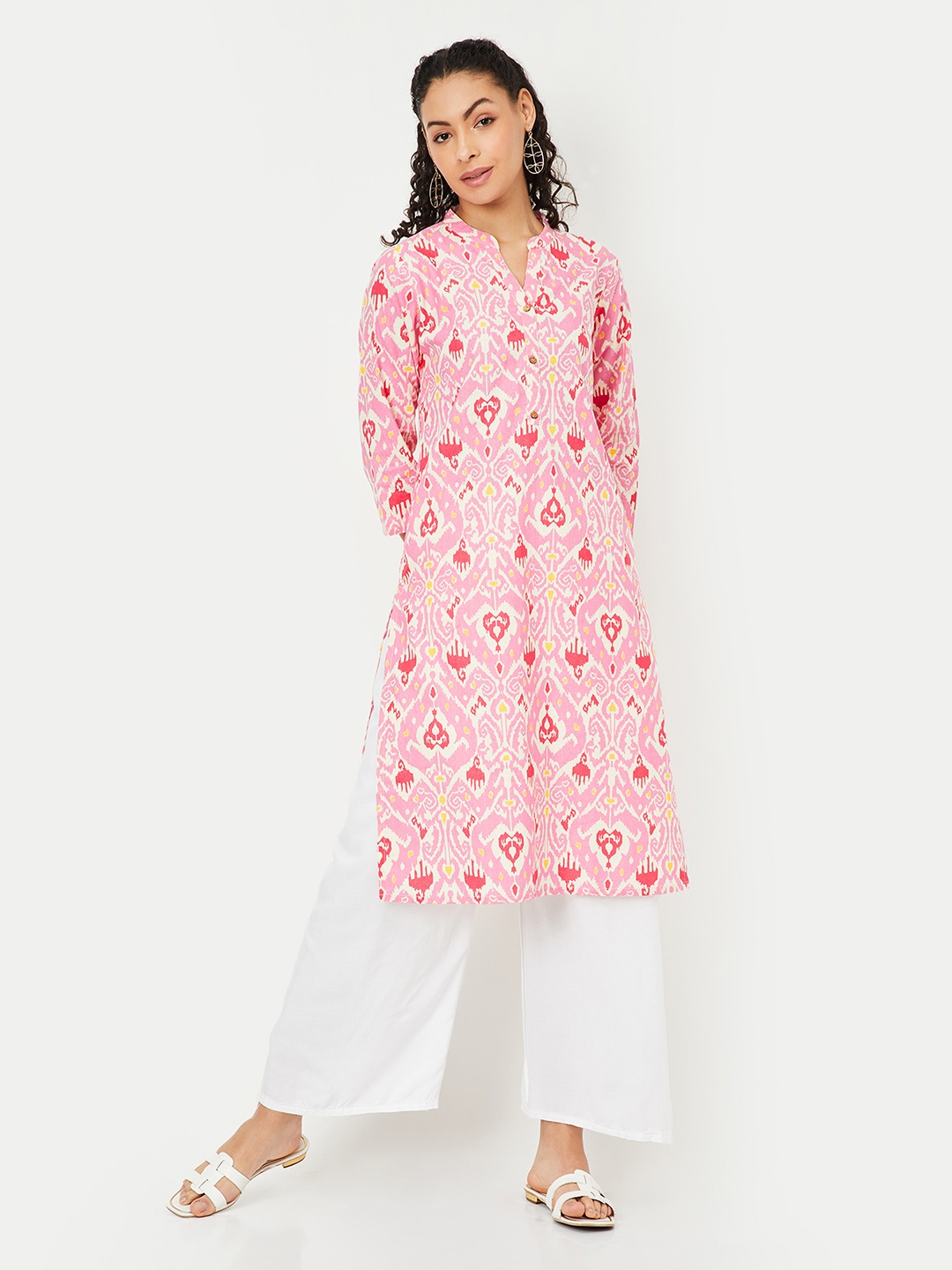 

max Women Ethnic Motifs Printed Cotton Mandarin Collar Regular Sleeves Kurta, Pink