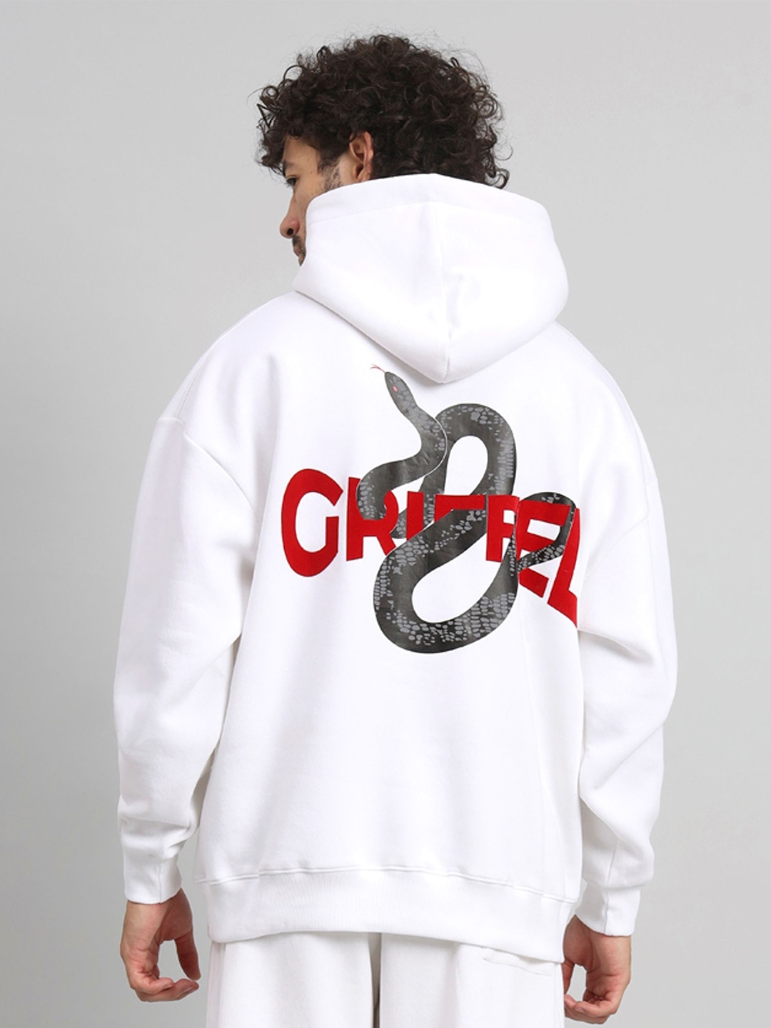 

GRIFFEL Men Graphic Printed Hood Fleece Pullover Sweatshirt, White