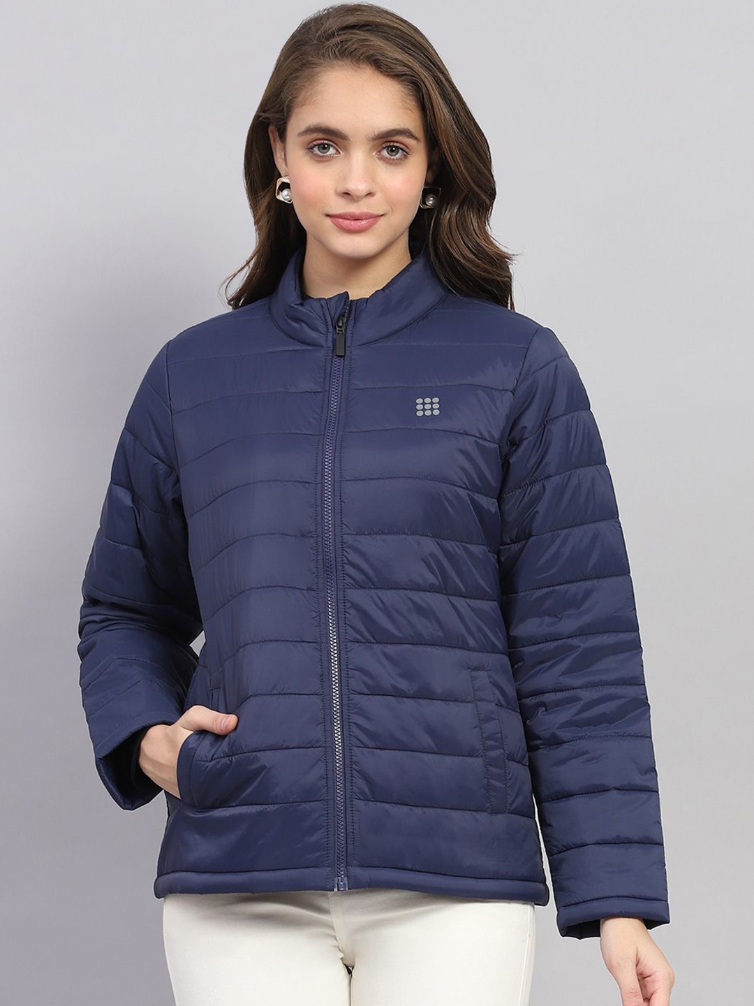 

rock.it Women Mock Collar Solid Nylon Casual Padded Jacket, Navy blue