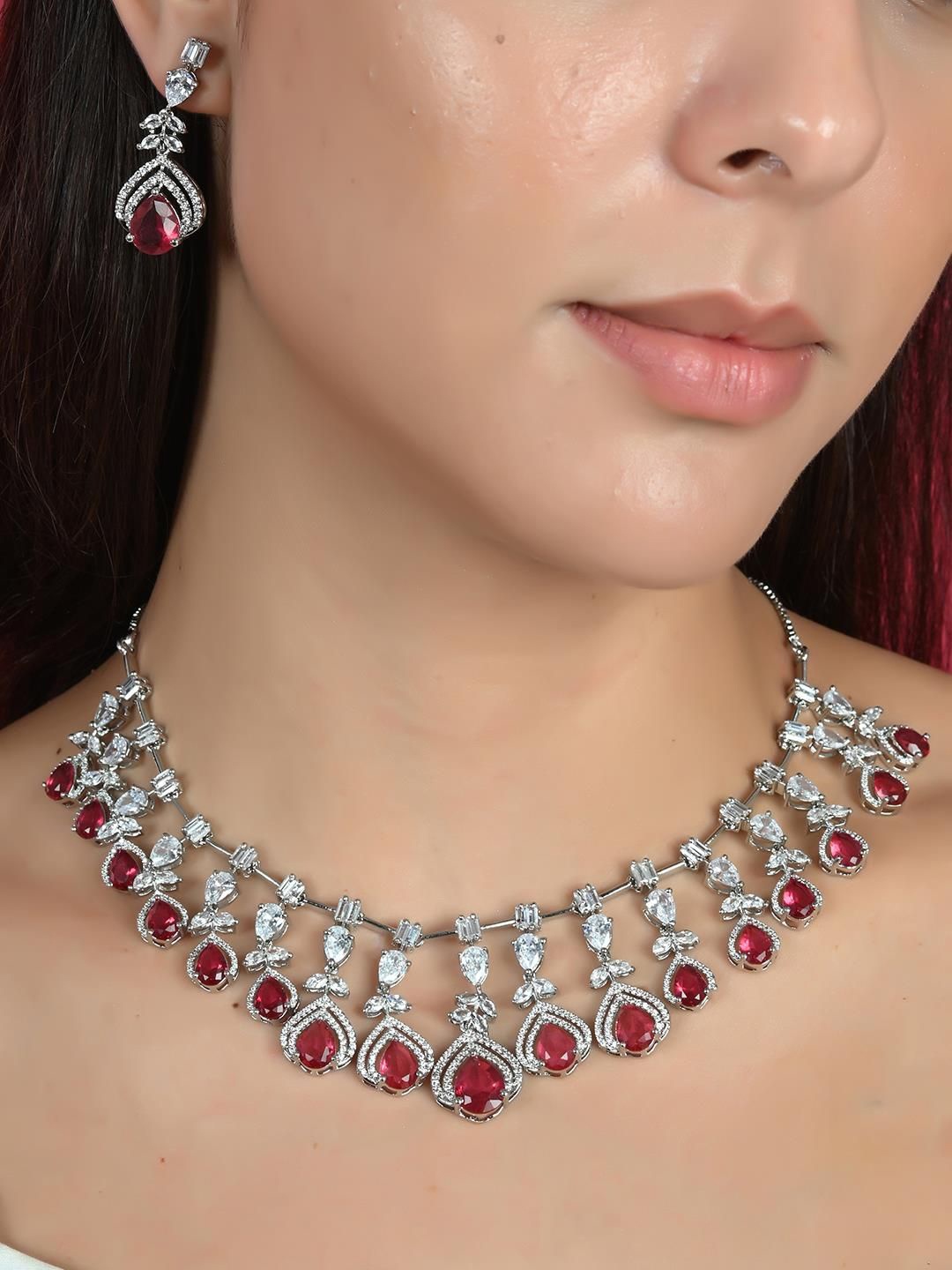 

RATNAVALI JEWELS Silver-Plated American Diamond-Studded Jewellery Set